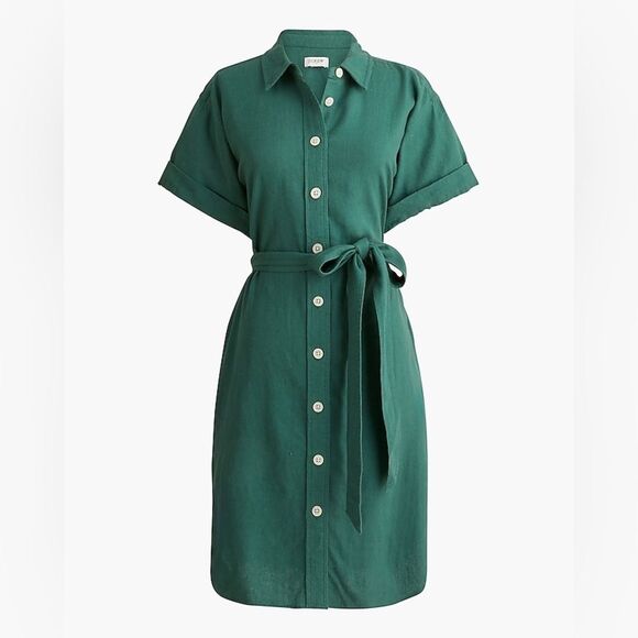 J Crew Factory Linen Blend Belted Mini Shirtdress Size Small Lamppost Green NWT - Picture 4 of 13